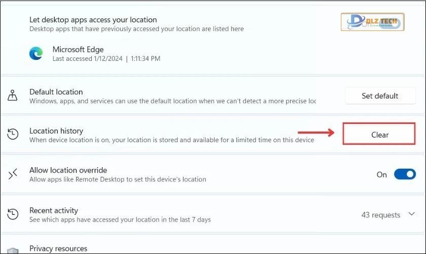 Click chuột vào Clear bên cạnh mục Location History để xóa dữ liệu
