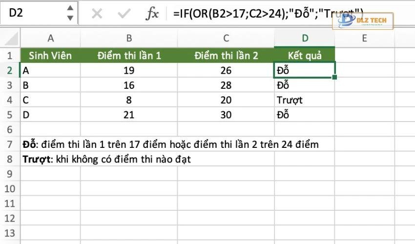 Hàm IF kết hợp OR