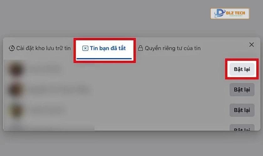 Bạn chọn Bật lại ở bên cạnh tên của người mà bạn đã tắt tính năng xem story
