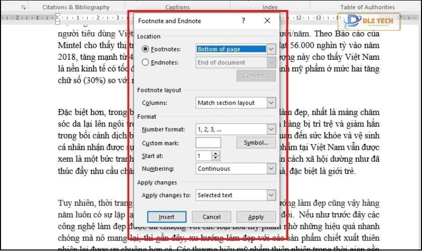 Hộp thoại Footnote and Endnote xuất hiện trên giao diện Word