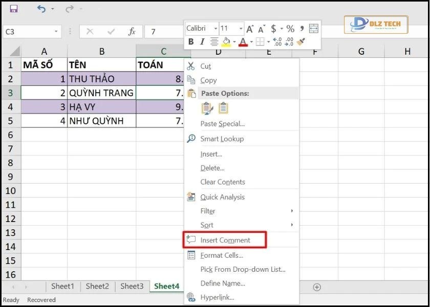 cách tạo ghi chú trong excel
