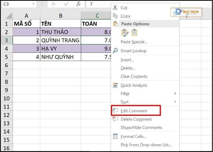 cách ghi chú trong excel