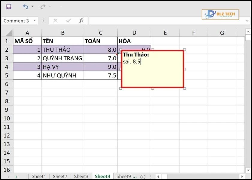 cách ghi chú trong excel