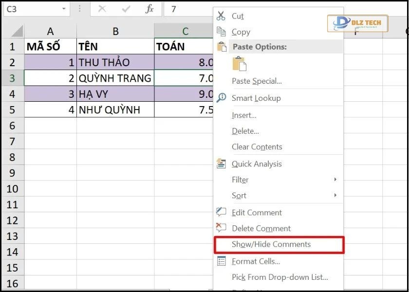cách ghi chú trong excel