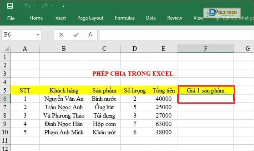 phép tính division trong excel