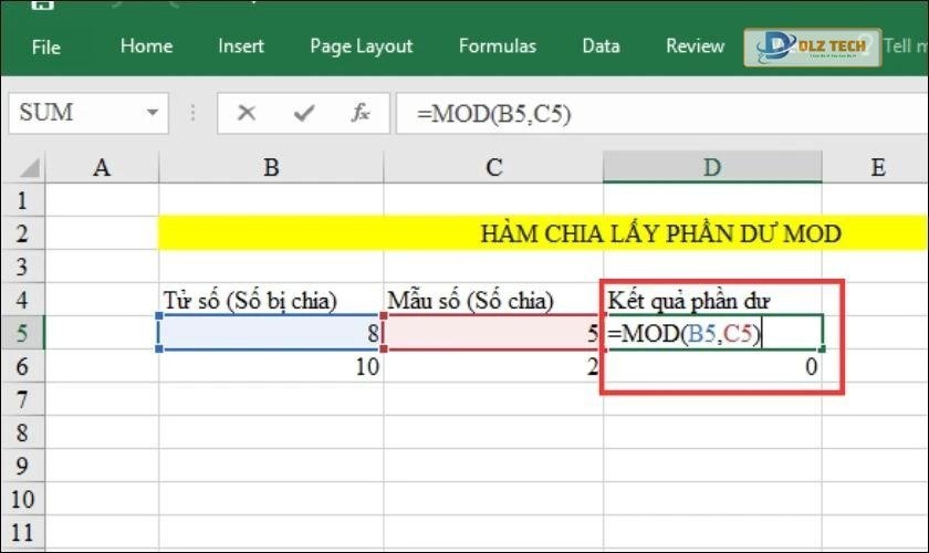 hàm division lấy phần dư trong excel