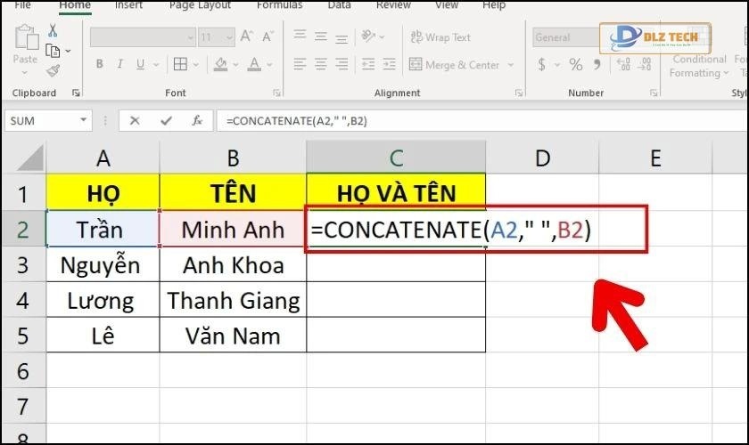 Dùng hàm CONCATENATE để nối dữ liệu các cột