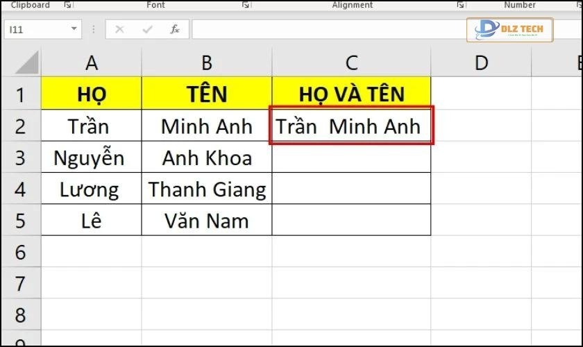 Kết quả sau khi nối dữ liệu các cột