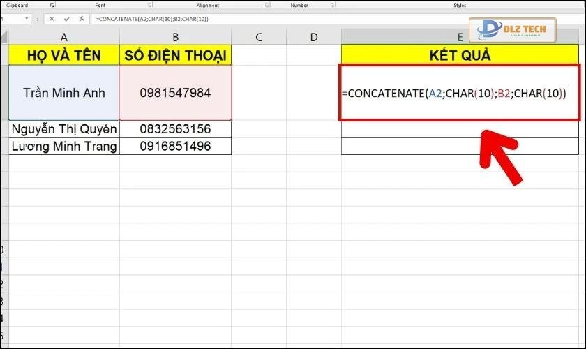 Nhập công thức hàm CONCATENATE vào ô