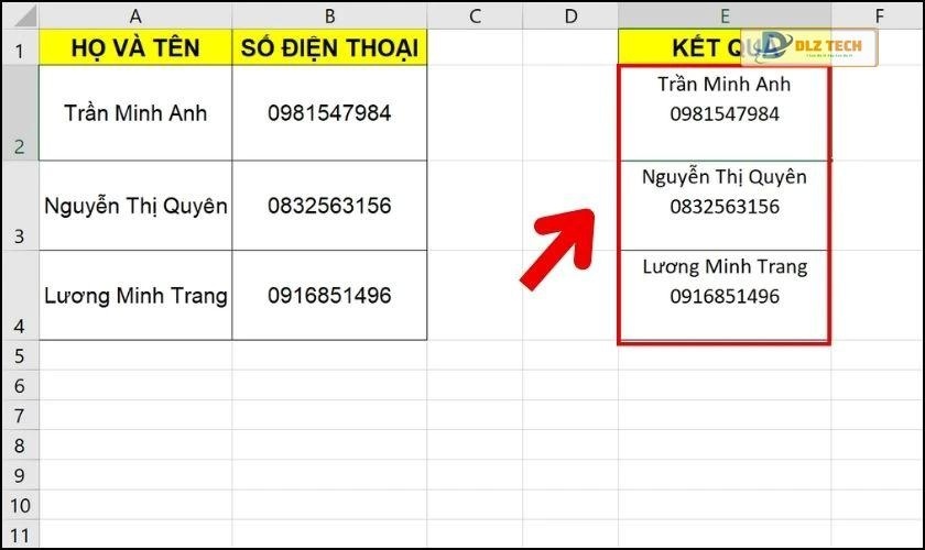 Kết quả sau khi sử dụng hàm CONCATENATE