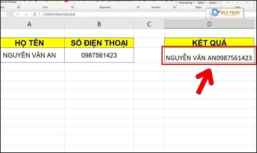 Kết quả sau khi sử dụng hàm CONCATENATE kết hợp từ