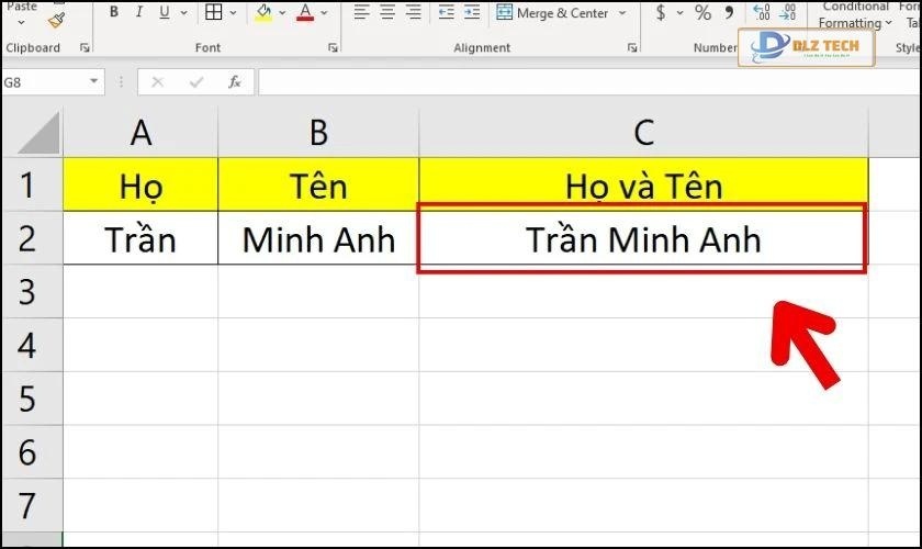 Kết quả sau khi nhập hàm CONCATENATE kết hợp từ với ký tự đặc biệt