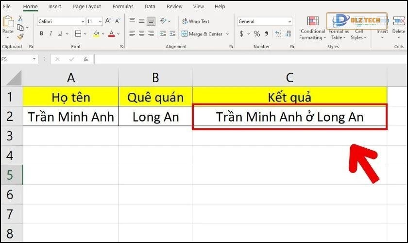 Kết quả sau khi nối ký tự vào văn bản