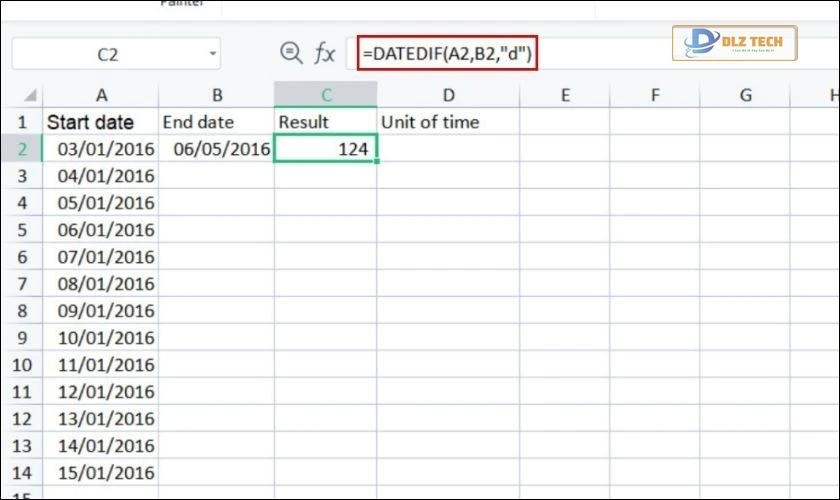 Công thức tính số ngày chênh lệch của hàm DATEDIF