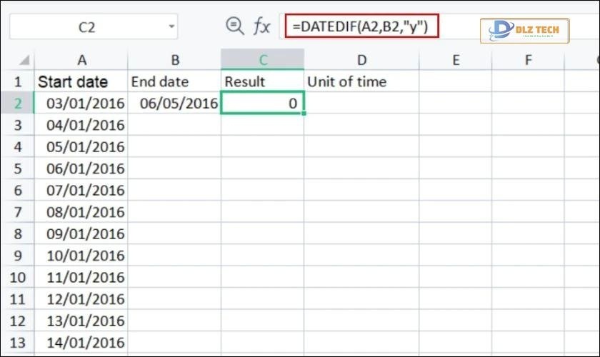 Công thức tính số năm chênh lệch với hàm DATEDIF trong Excel