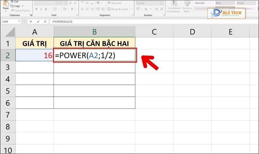 Sử dụng công thức POWER để tính căn bình phương