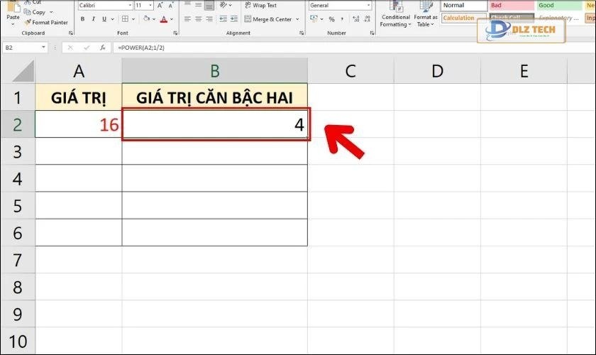 Tính bậc 2 trong Excel bằng hàm Power