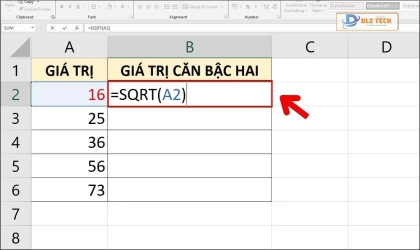 Ví dụ minh họa cách dùng SQRT căn bậc hai