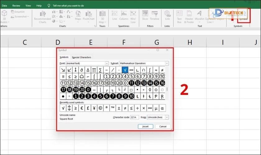 Cách thêm dấu căn bậc hai trong Excel bằng biểu tượng trong Symbol