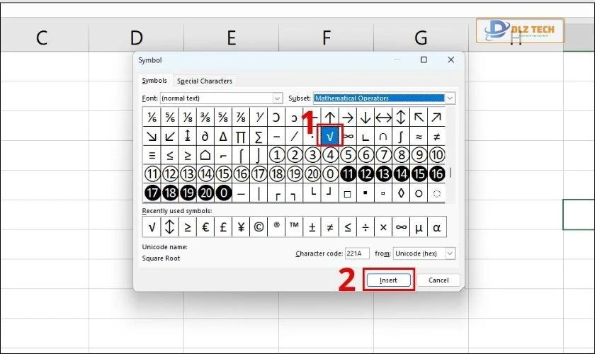 Tìm kiếm biểu tượng căn bậc 2 trong bảng Symbol