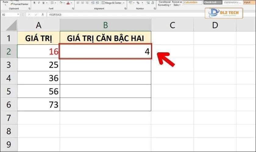 Lệnh căn bình phương trong bảng tính