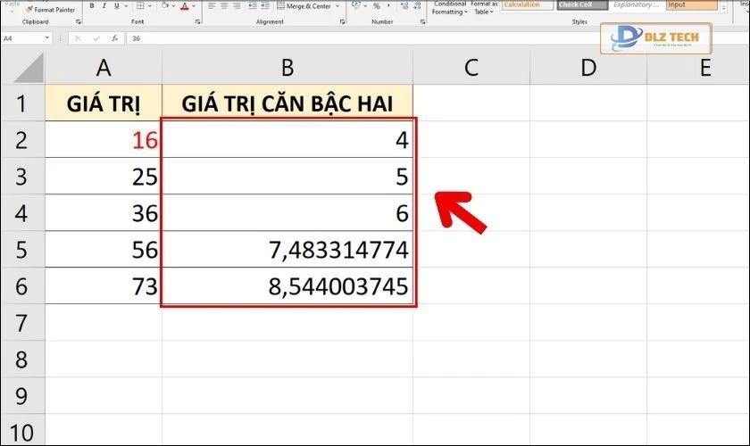 Kết quả sau khi tính giá trị căn bậc hai trong bảng tính