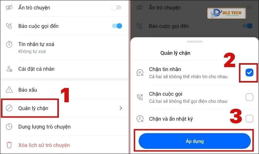 Chọn mục Quản lý chặn, nhấn vào Chặn tin nhắn và nhấn nút Áp dụng