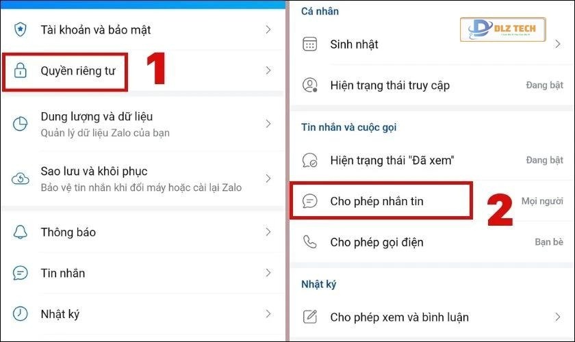 Nhấn vào Quyền riêng tư và chọn mục Cho phép nhắn tin