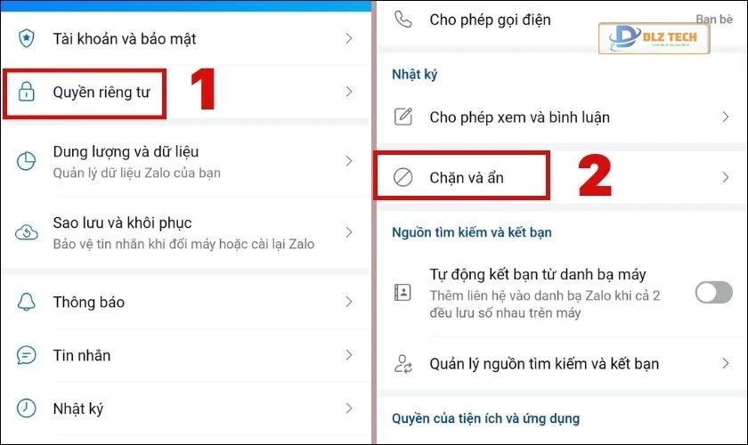 Nhấn vào Quyền riêng tư, tìm và chọn Chặn và ẩn