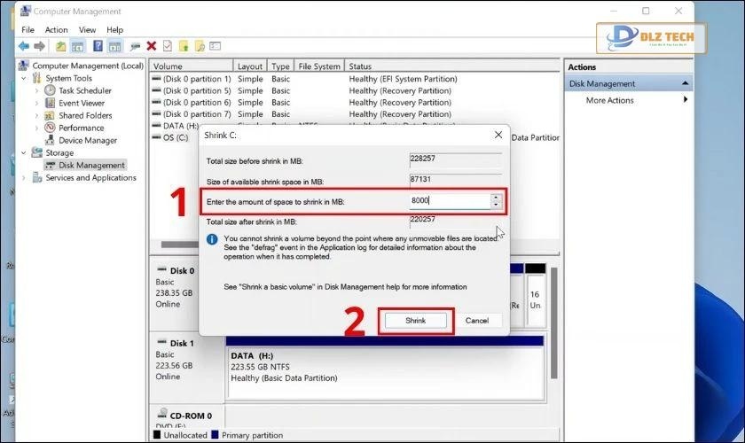 Nhập dung lượng ổ cứng cần chia vào mục Enter the amount of space to shrink in MB