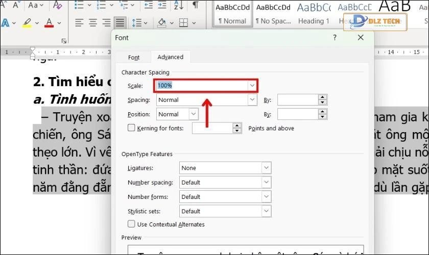 Nhập tỷ lệ phần trăm để giãn các ký tự trong văn bản