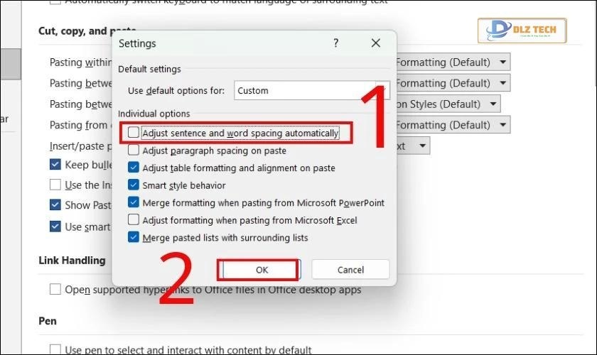 Bỏ tích Adjust sentence and word spacing automatically tại hộp thoại Settings