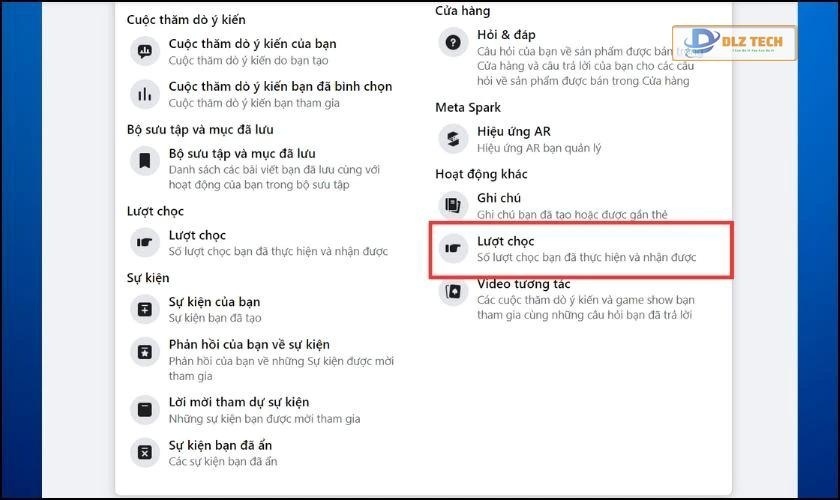 Nhấn vào mục Tương tác và chọn Lượt chọc
