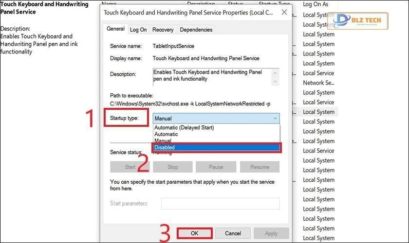 Chọn Disable tại mục Startup type