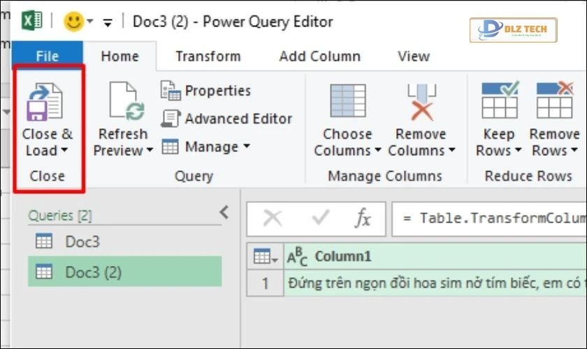 Chọn Close and Load để kết thúc chuyển file Word sang Excel bằng Plain Text và Import