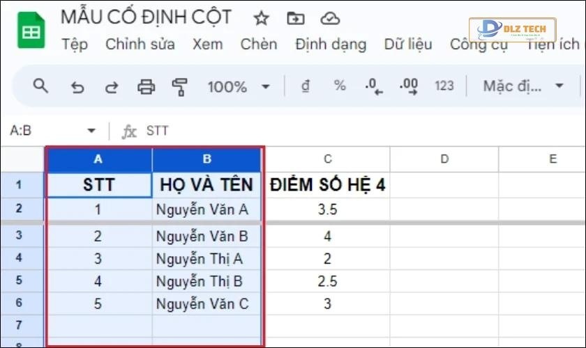 Cách hủy cố định cột trong Google Sheet