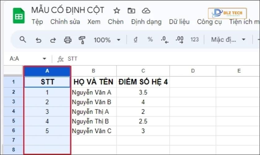 Cách ẩn cột trong trang tính
