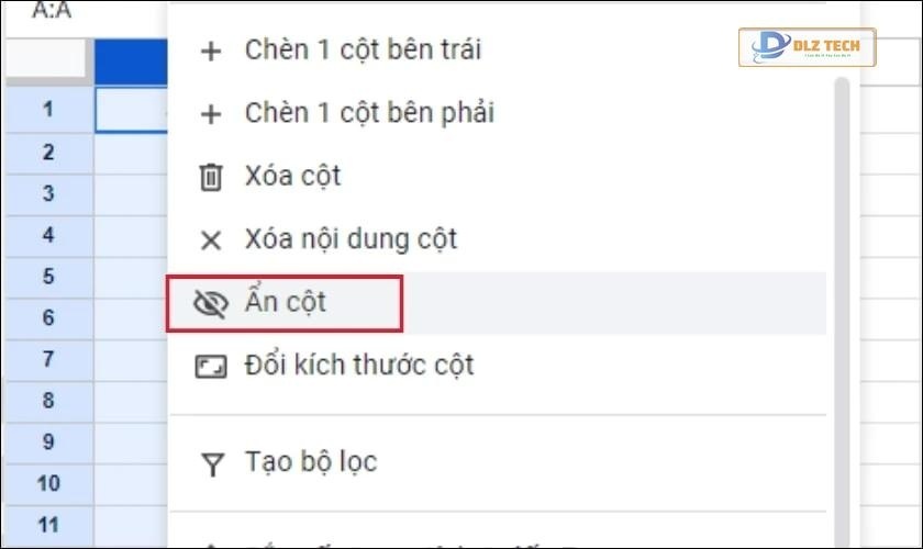 Click chuột phải và chọn Ẩn cột
