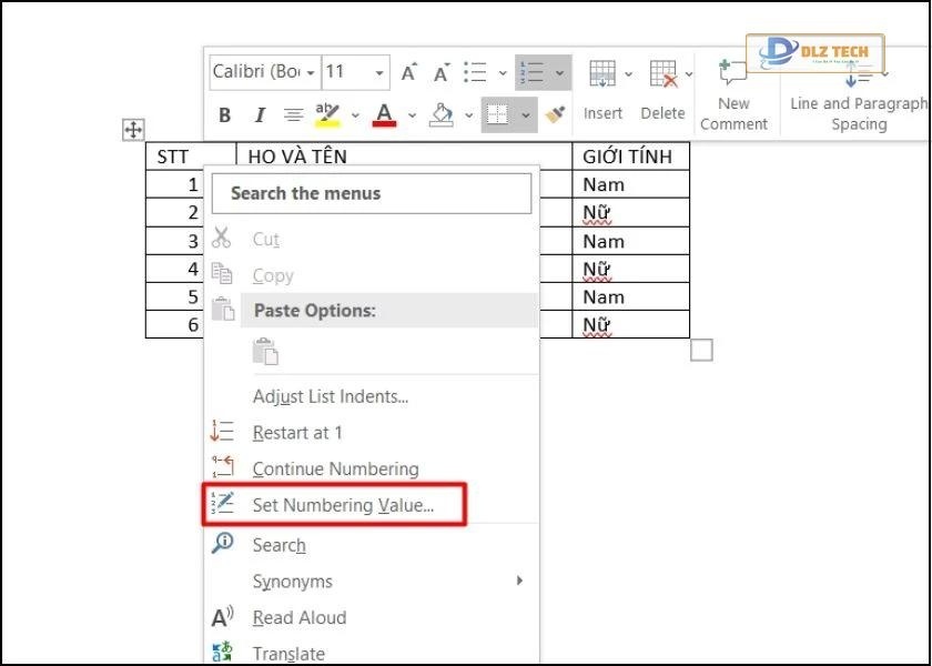 đánh số thứ tự từ số bất kỳ trong bảng word