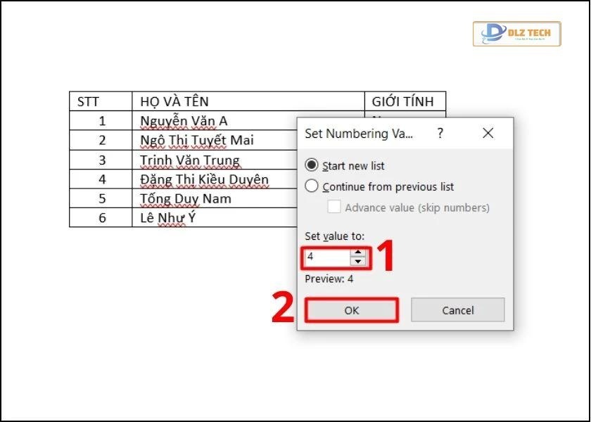 tại set value to, nhập số thứ tự bạn muốn bắt đầu