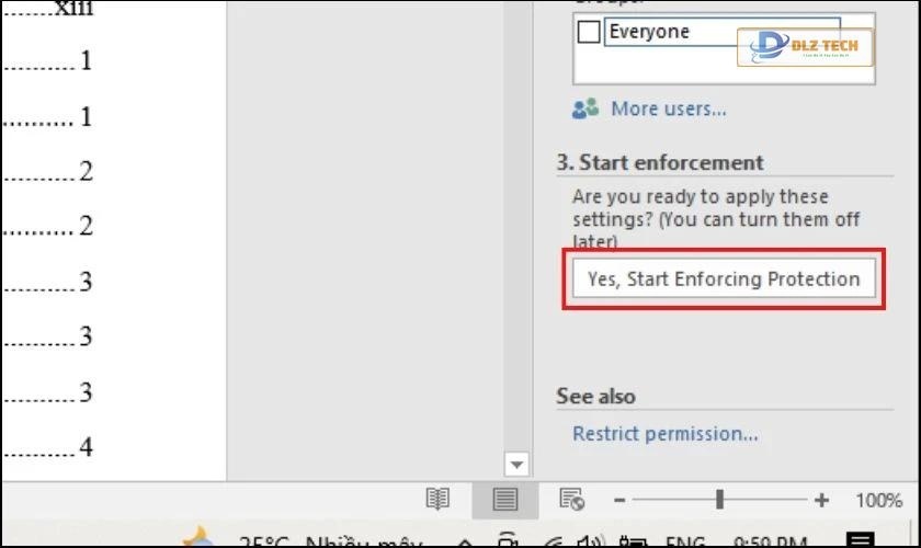 Chọn Yes, Start Enforcing Protection trên hộp thoại trong Word
