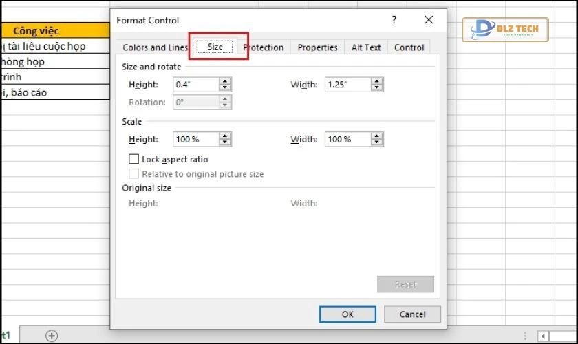 Thay đổi kích thước của ô vuông có dấu tích được tạo trong Excel