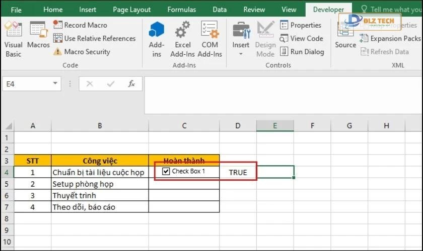 Cách tạo ô vuông đánh dấu tích trong Excel