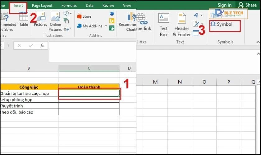 Cách chèn biểu tượng dấu tích trong Excel