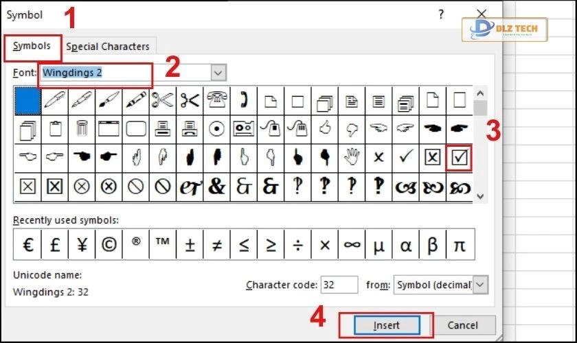 Chọn biểu tượng dấu tích và nhấn Ok