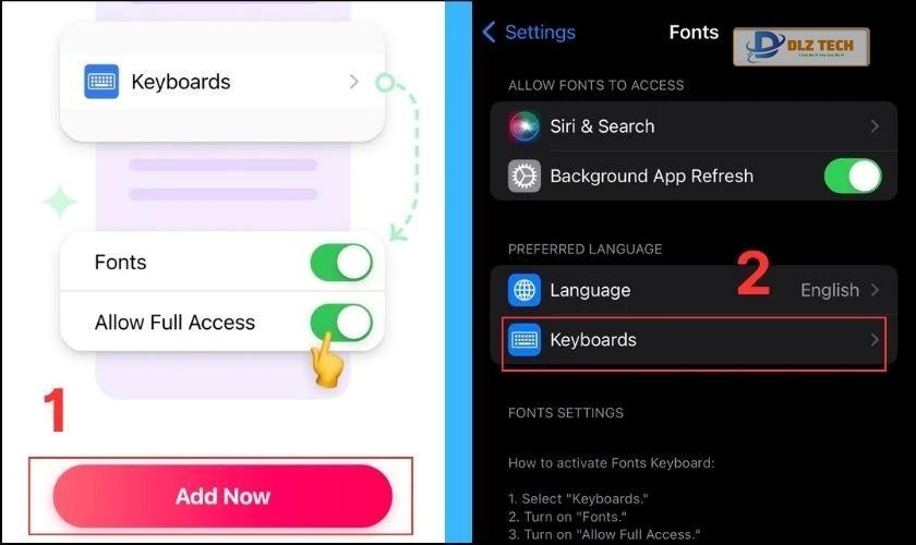 Nhấn chọn Keyboards và chọn Allow Full Access