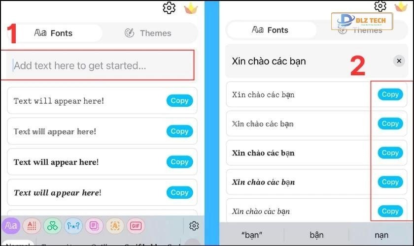 Nhập nội dung vào ô Add text here to get start và chọn Copy