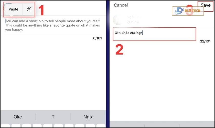 Chọn Paste để dán nội dung trên tiểu sử Facebook