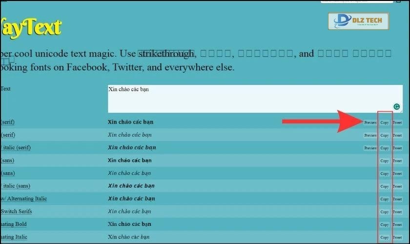 Nhấn nút Copy để sao chép văn bản có chữ kiểu khác