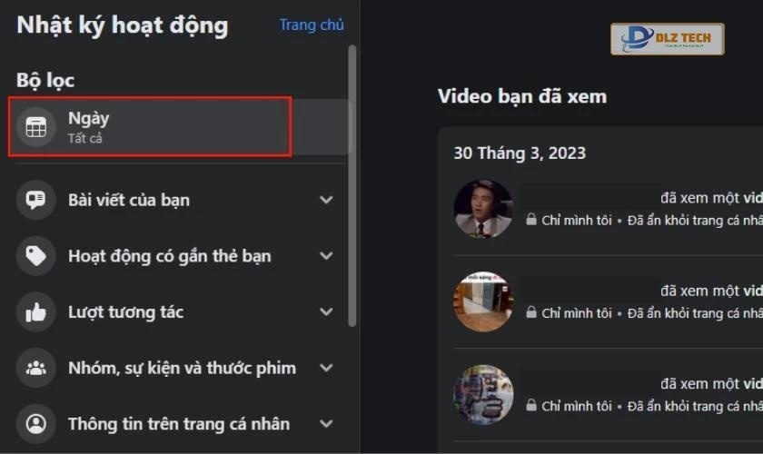nhấn vào mục ngày và lọc video theo thời gian